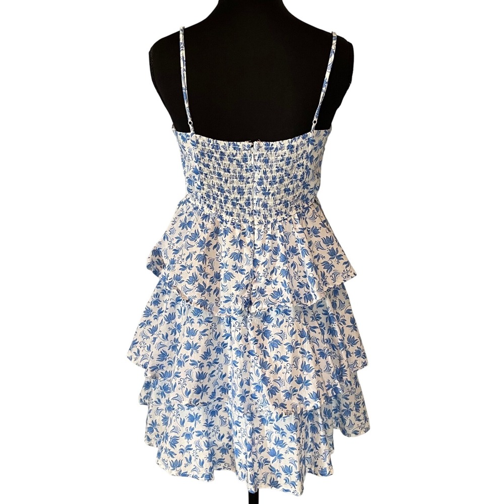 Francescas Mi Ami Blue Floral Ruffle Tiered Mini Dress Spaghetti Strap Smocked M - Picture 2 of 6